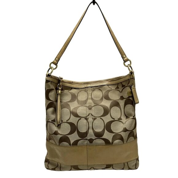 Auth COACH Signature Stripe Patent Large Convertible Shoulder F12824 Khaki - - Picture 1 of 9